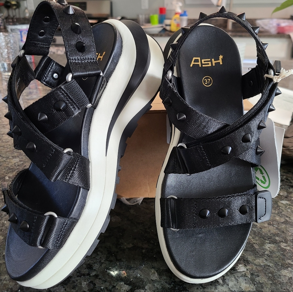 Ash Black and White Platform Studded Sport Sandals